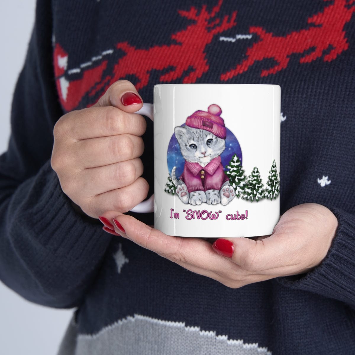 Printify Mug 11oz Coffee Mug, "I'm SNOW Cute!", Baby Snow Leopard Mug, Pink Outfit, White 11oz Ceramic, Gift for Her, Cute Mug 25764971138798389285